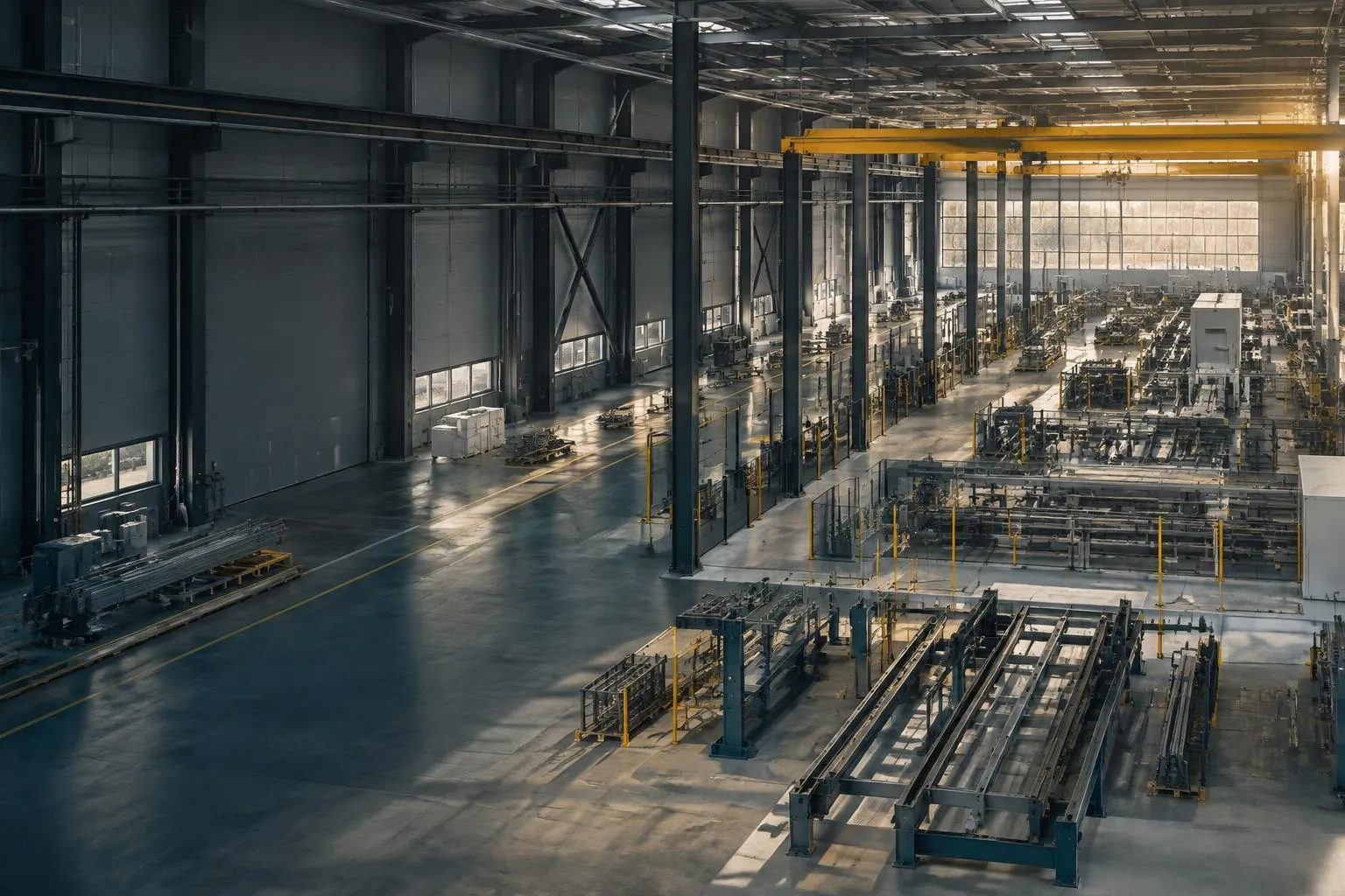 Modern manufacturing facility with structural steel and production lines