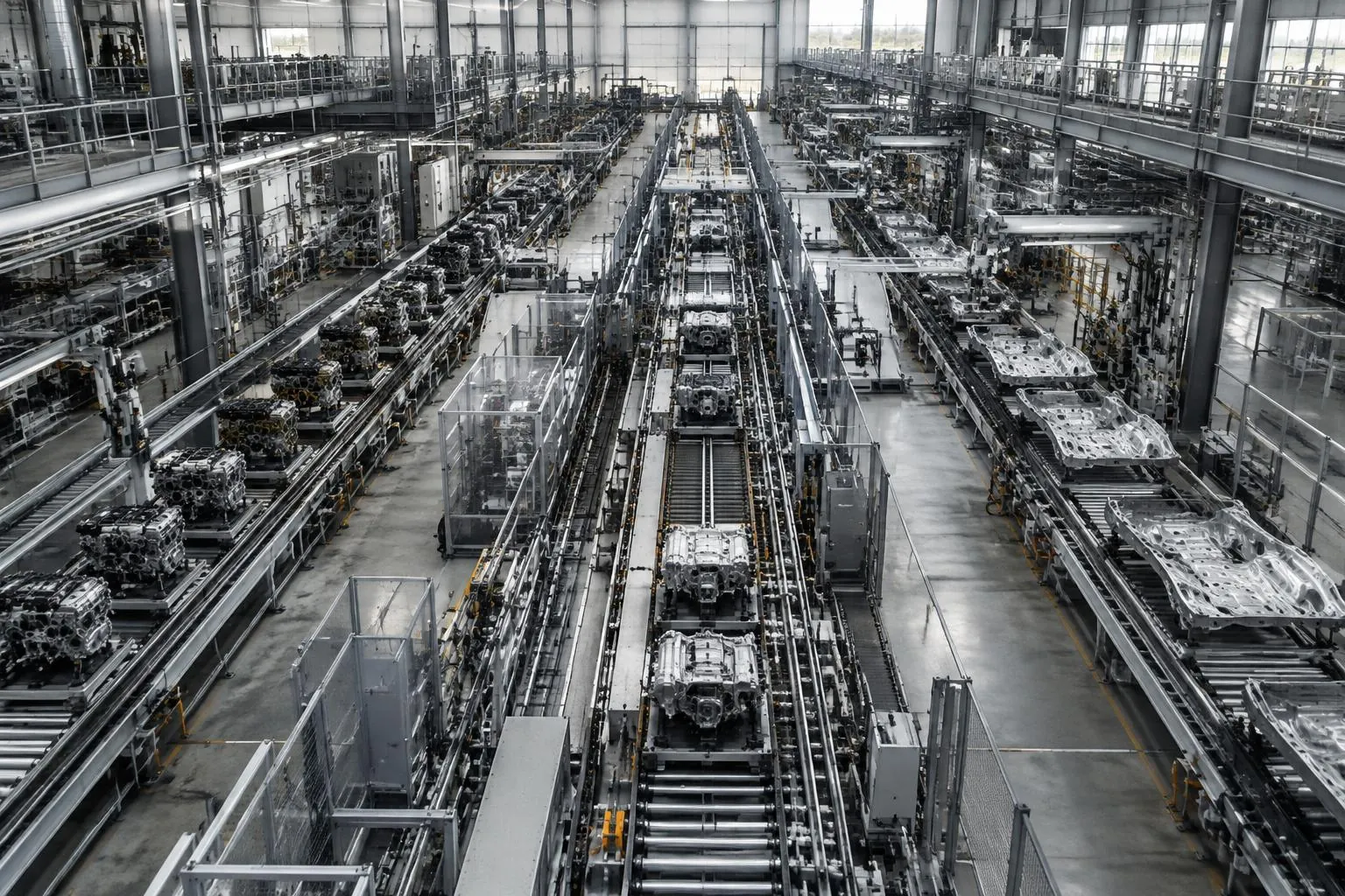 Parallel industrial production lines in a modern manufacturing facility